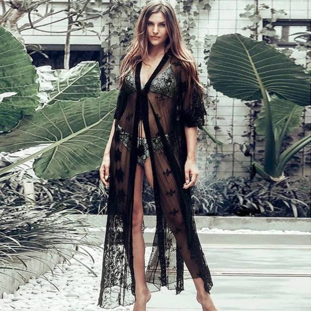 Boho Gypsy Beach Goddess Swim Cover Up Black Maxi Dress Duster Tie Front - Picture 2 of 13